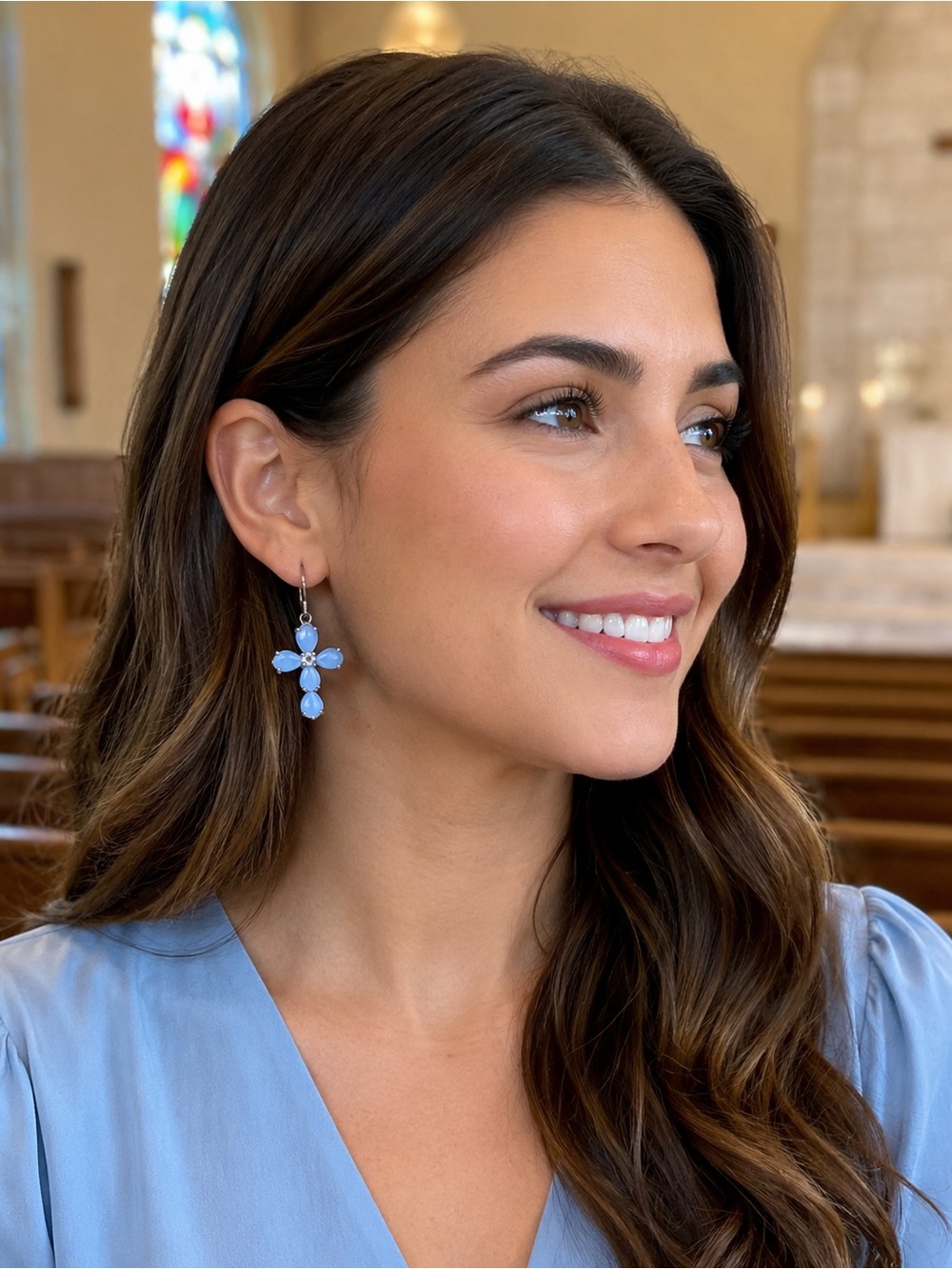 Cross Earrings Blue Moonstone Religious Jewelry